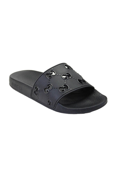 Gucci Women's Open Toe Monogram Rubber Slip-On Slides Black Size 36