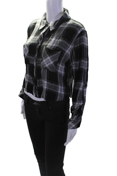 Rails Womens Plaid Collared Cropped One Pocket Button Up Blouse Top Black Size M