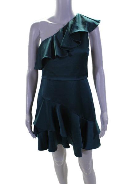 Halston Heritage Womens Asymmetrical One Shoulder Ruffle Mini Dress Green Size 0