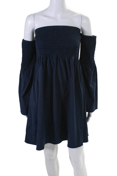 Milly Womens Long Sleeve Off Shoulder Smocked Shift Dress Navy Cotton Size Large