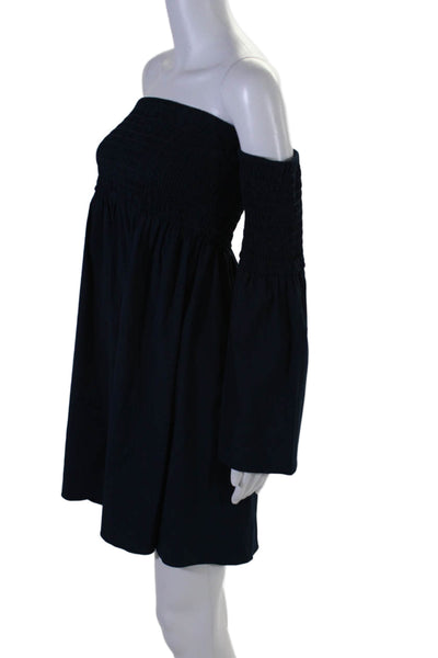 Milly Womens Long Sleeve Off Shoulder Smocked Shift Dress Navy Cotton Size Large