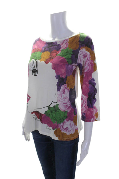 Purificacion Garcia Womens Long Sleeve Floral Print Embellished Top White Small