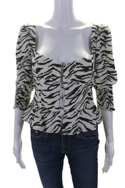 Reformation Womens Ruched Animal Print Long Sleeve Blouse Top White Size 4