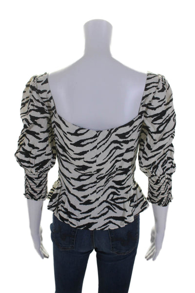 Reformation Womens Ruched Animal Print Long Sleeve Blouse Top White Size 4