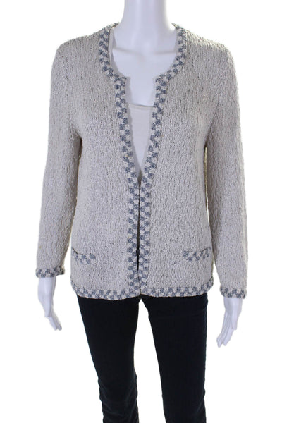 Amina Rubinacci Womens Woven Cardigan Sweater White Blue Cotton Size EUR 46