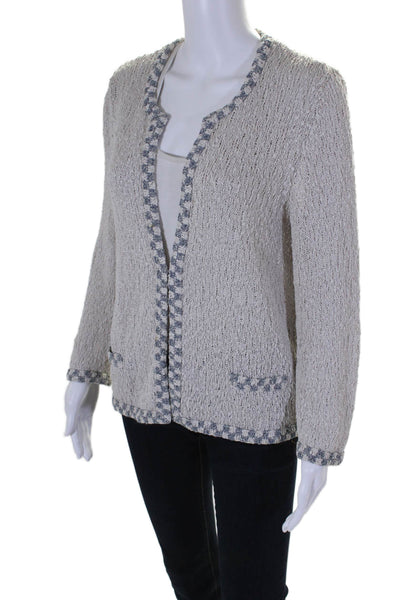 Amina Rubinacci Womens Woven Cardigan Sweater White Blue Cotton Size EUR 46