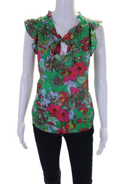 Roller Rabbit Womens Green Floral V-Neck Tie Front Sleeveless Blouse Top Size S