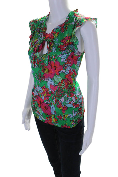 Roller Rabbit Womens Green Floral V-Neck Tie Front Sleeveless Blouse Top Size S