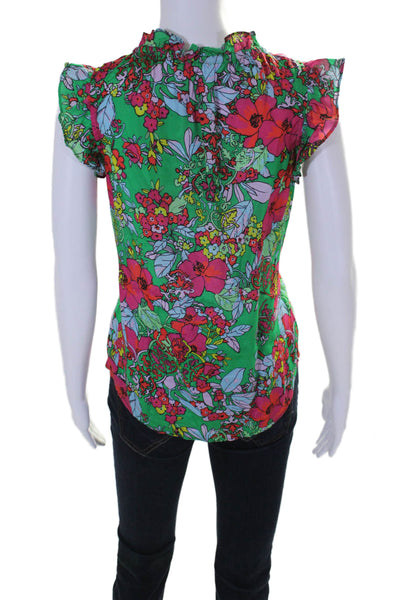 Roller Rabbit Womens Green Floral V-Neck Tie Front Sleeveless Blouse Top Size S