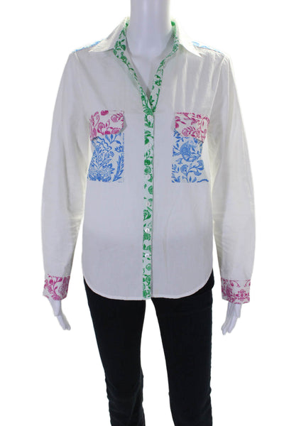 Roller Rabbit Womens White Multi Floral Long Sleeve Button Down Shirt Size S