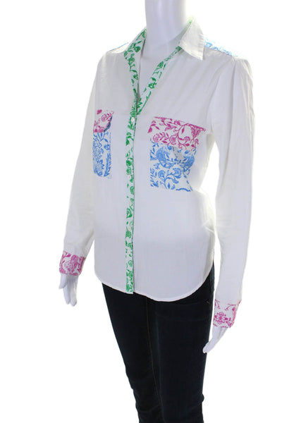 Roller Rabbit Womens White Multi Floral Long Sleeve Button Down Shirt Size S