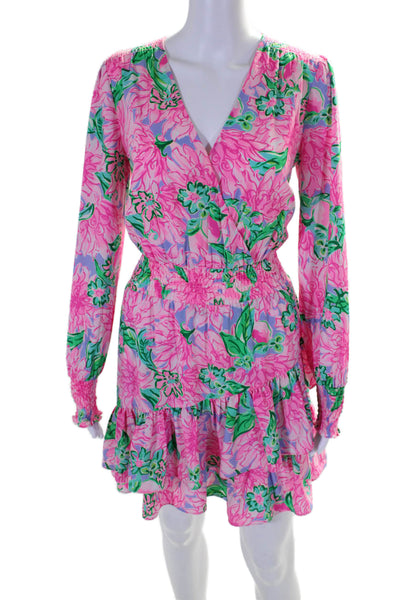 Lilly Pulitzer Womens Long Sleeves Smocked Waist Ruffle Floral Mini Dress Size 4