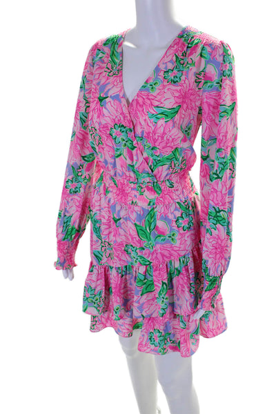 Lilly Pulitzer Womens Long Sleeves Smocked Waist Ruffle Floral Mini Dress Size 4