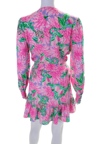 Lilly Pulitzer Womens Long Sleeves Smocked Waist Ruffle Floral Mini Dress Size 4