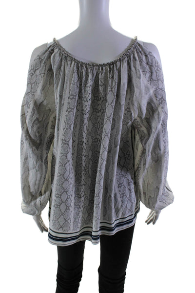 Ramy Brook Womens Silk Animal Print Long Sleeve Pullover Blouse Top Gray Size S