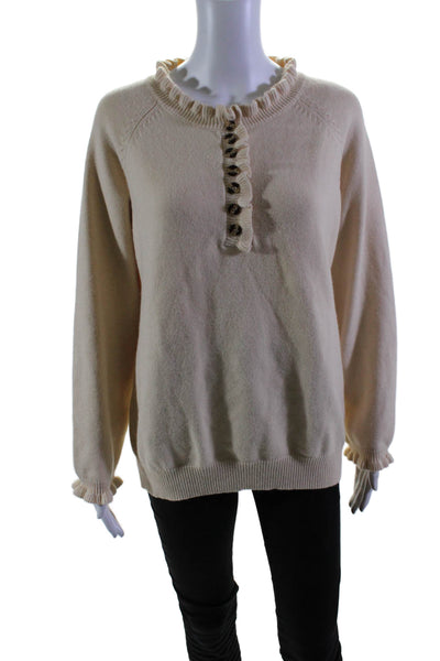 BTFBM Womens Knit Ruffle Trim Long Sleeve Pullover Sweater Top Beige Size M