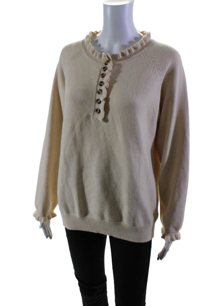 BTFBM Womens Knit Ruffle Trim Long Sleeve Pullover Sweater Top Beige Size M