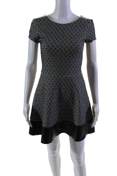 Parker Womens Leather Trim Geometric Print Short Sleeve Dress Black Size XS