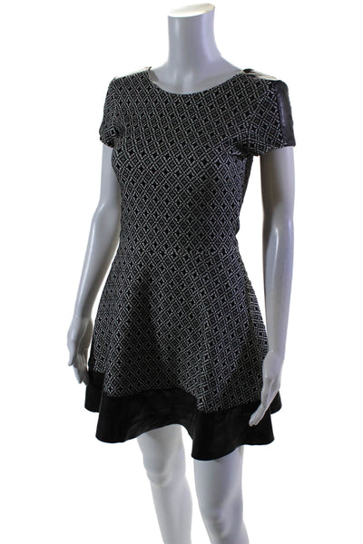 Parker Womens Leather Trim Geometric Print Short Sleeve Dress Black Size XS