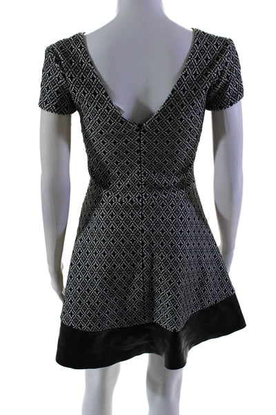 Parker Womens Leather Trim Geometric Print Short Sleeve Dress Black Size XS