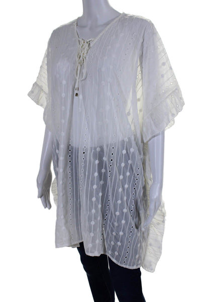 Moon River Womens Embroidered Eyelet Lace Up Neck Blouse White Size Medium