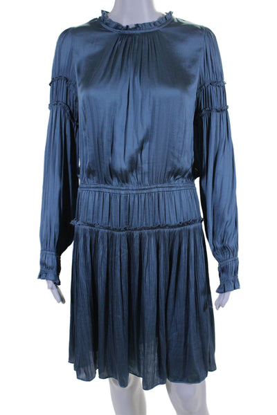 Current Air Womens Ruffled Trim Long Sleeves A Line Dress Blue Size Large