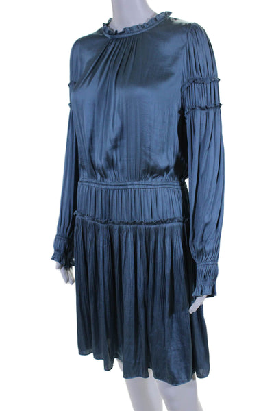 Current Air Womens Ruffled Trim Long Sleeves A Line Dress Blue Size Large