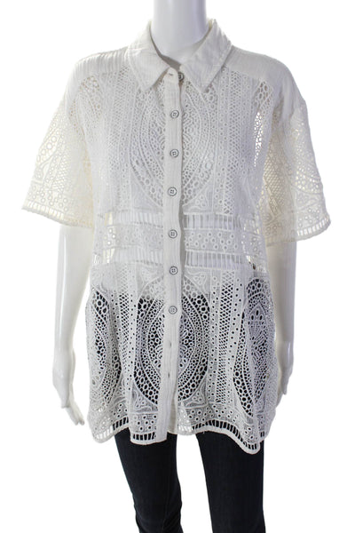 Free People Women's Collared Short Sleeves Button Down Lace Blouse White Size XS