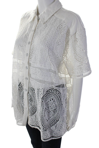 Free People Women's Collared Short Sleeves Button Down Lace Blouse White Size XS