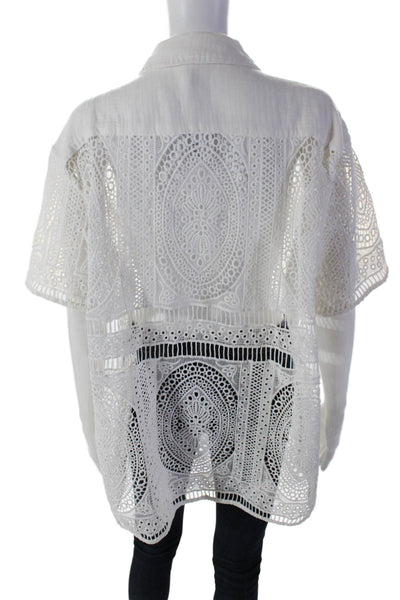 Free People Women's Collared Short Sleeves Button Down Lace Blouse White Size XS