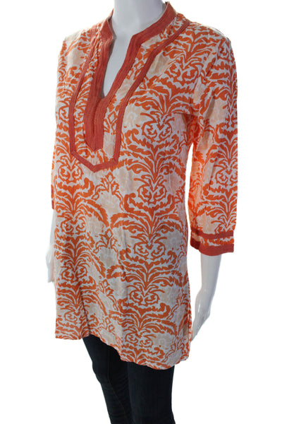 Roberta Roller Rabbit Womens Round Neck Long Sleeves Tunic Blouse Orange Size XS