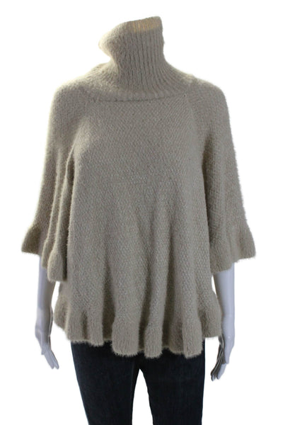 Anthropologie Womens Knit Flounce Sleeve Turtleneck Poncho Sweater Beige Size OS