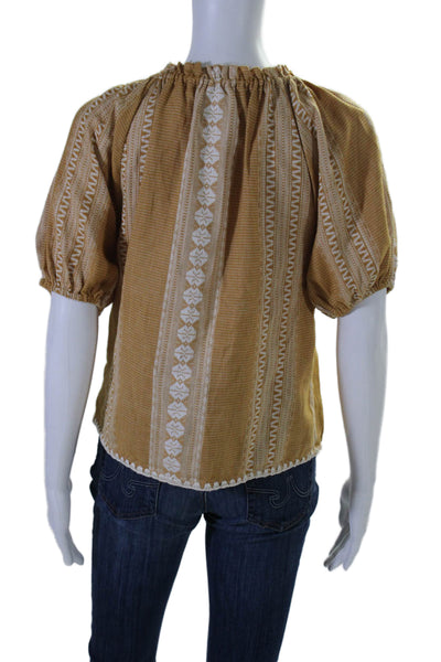 Saylor Women's Round Neck Short Sleeves Tassel Blouse Brown Size XS