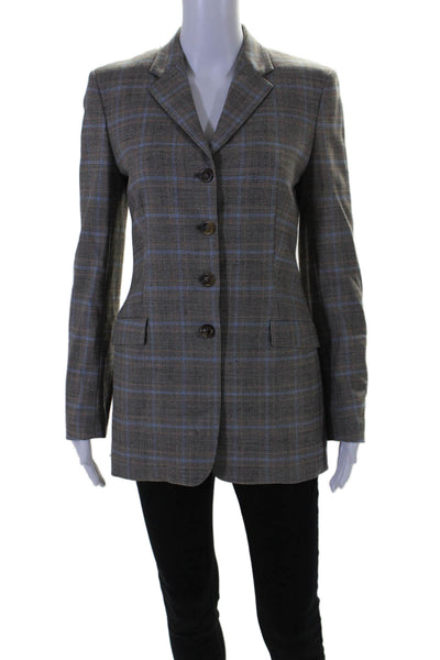 Piazza Sempione Womens Plaid Single Breasted Blazer Jacket Gray Blue Size 38