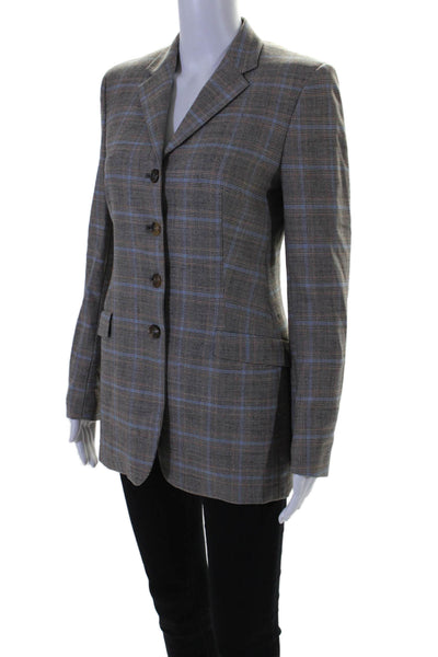 Piazza Sempione Womens Plaid Single Breasted Blazer Jacket Gray Blue Size 38