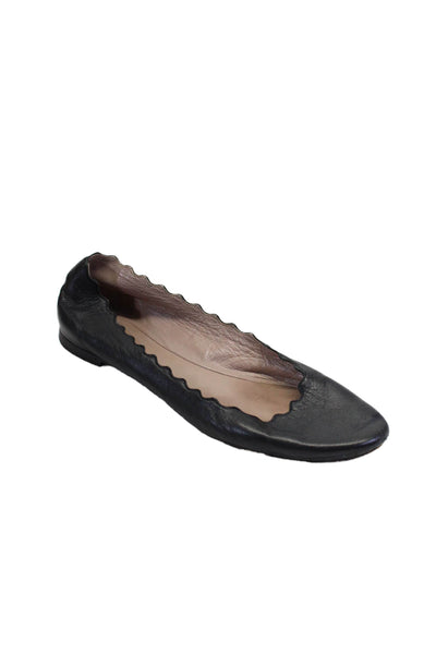 Chloe Women's Round Toe Scallop Edge Leather Ballet Flats Shoe Black Size 7.5