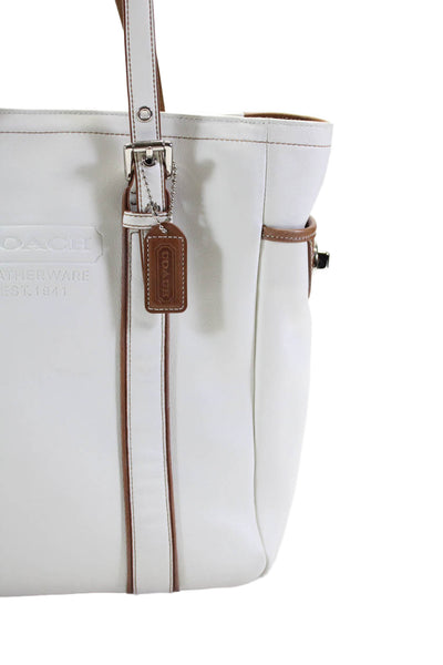 Coach Womens Double Handle Zip Top Logo Tote Handbag White Brown Leather