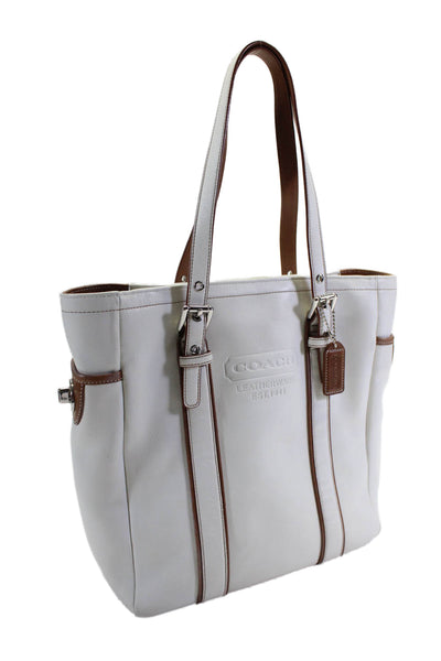 Coach Womens Double Handle Zip Top Logo Tote Handbag White Brown Leather