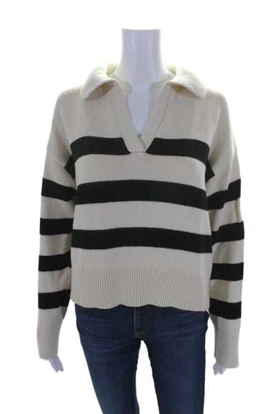 Velvet Womens Cotton Knit Striped Collared Pullover Sweater Top Beige Size S