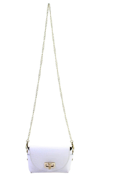 Vera Pelle Womens Leather Chain Strap Turn Lock Shoulder Bag Purse White