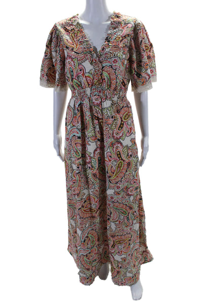 Hale Bob Womens Linen Short Sleeve V Neck Paisley Print Maxi Dress Multi Size M