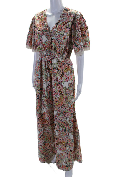 Hale Bob Womens Linen Short Sleeve V Neck Paisley Print Maxi Dress Multi Size M