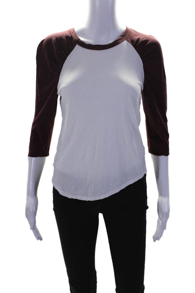 A.L.C. Womens Cotton White Maroon Crew Neck Raglan 3/4 Sleeve Tee Top Size XS