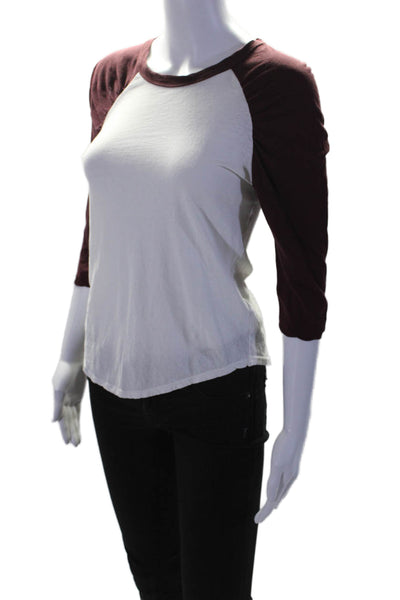 A.L.C. Womens Cotton White Maroon Crew Neck Raglan 3/4 Sleeve Tee Top Size XS