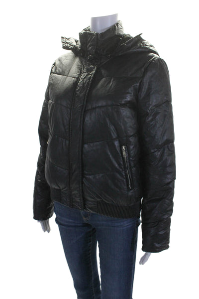 Generation Love Womens Black Vegan Leather Zip Hooded Puffer Coat Jacket Size XS