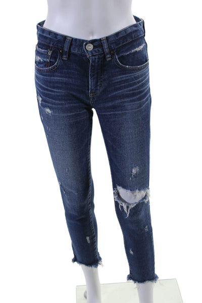 Moussy Womens Mid Rise Distressed Skinny Jeans Blue Size 25