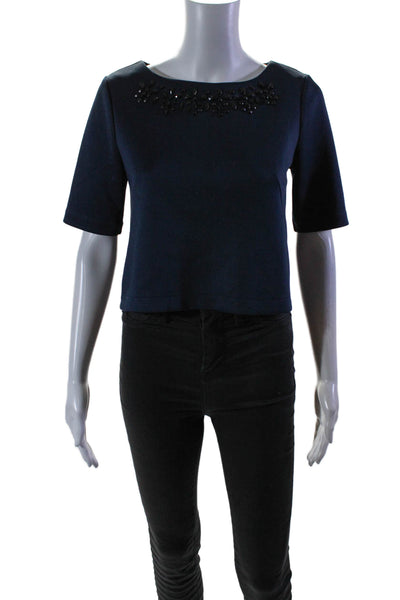 Cynthia Rowley Womens Navy Beaded Boat Neck Short Sleeve Blouse Top Size 4