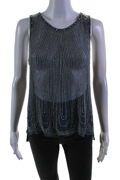 Parker Womens Silk Blue Beaded Scoop Neck Slit Back Sleeveless Blouse Top Size S