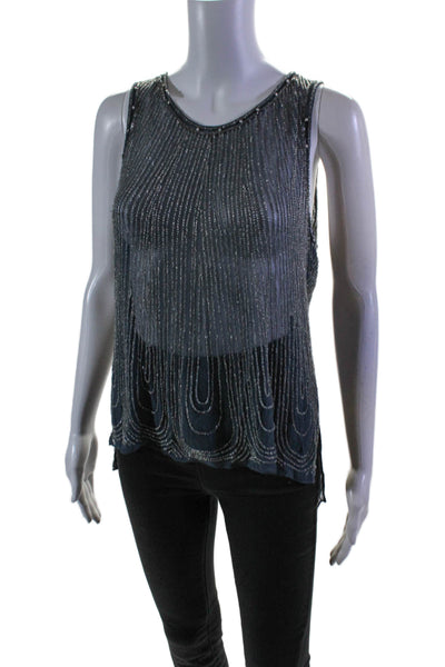 Parker Womens Silk Blue Beaded Scoop Neck Slit Back Sleeveless Blouse Top Size S