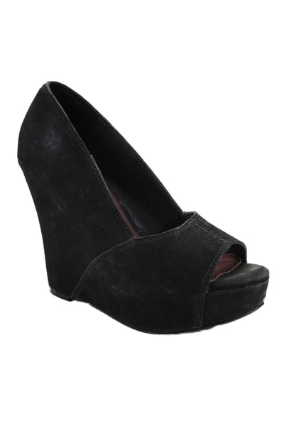 Elizabeth and James Women's Open Toe Suede Platform Wedge Shoes Black Size 6